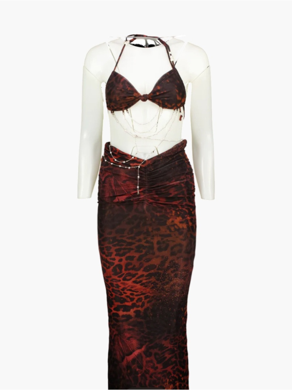 Two-Piece Leopard Print Dress Set in Dark Red and Black
